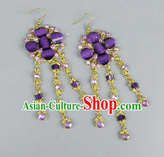 Top Grade Wedding Accessories Vintage Tassel Earrings, Baroque Style Handmade Bride Purple Crystal Eardrop for Women