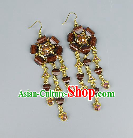 Top Grade Wedding Accessories Vintage Tassel Flower Earrings, Baroque Style Handmade Bride Brown Crystal Eardrop for Women