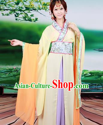 Asian China Ancient Han Dynasty Palace Lady Costume, Traditional Chinese Princess Hanfu Embroidered Yellow Dress Clothing for Women