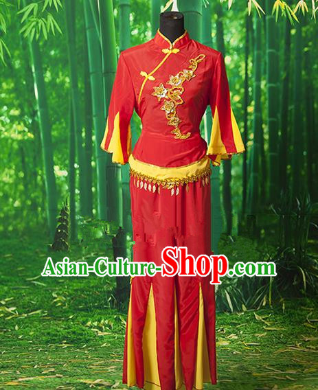 Traditional Chinese Classical Dance Yangge Fan Dancing Costume, Drum Dance Uniform Yangko Red Costume for Women