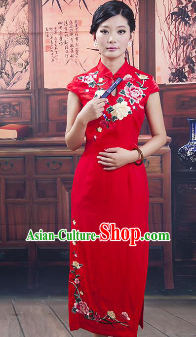 Traditional Chinese National Costume Tang Suit Qipao, China Ancient Cheongsam Embroidered Red Chirpaur Dress for Women