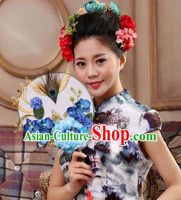 Traditional Handmade Chinese Ancient Wedding Blue Peony Feather Round Fans, Hanfu Palace Lady Bride Mandarin Fans for Women