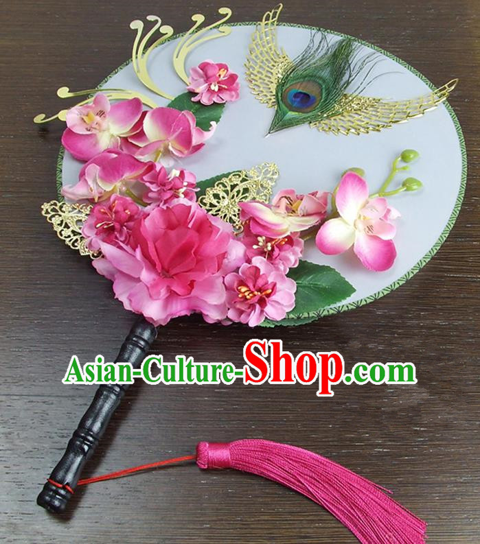 Traditional Handmade Chinese Ancient Wedding Rosy Peony Feather Round Fans, Hanfu Palace Lady Bride Mandarin Fans for Women