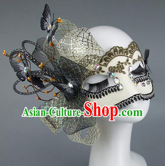 Top Grade Handmade Exaggerate Fancy Ball Accessories Model Show Veil Bowknot White Mask, Halloween Ceremonial Occasions Face Mask