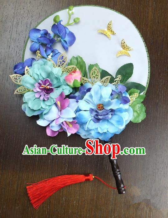 Traditional Handmade Chinese Ancient Wedding Blue Peony Round Fans, Hanfu Palace Lady Bride Butterfly Mandarin Fans for Women