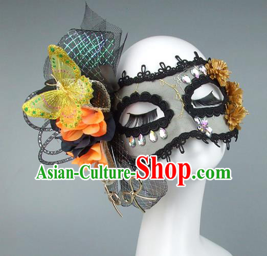 Top Grade Handmade Exaggerate Fancy Ball Accessories Black Veil Butterfly Mask, Halloween Model Show Ceremonial Occasions Face Mask