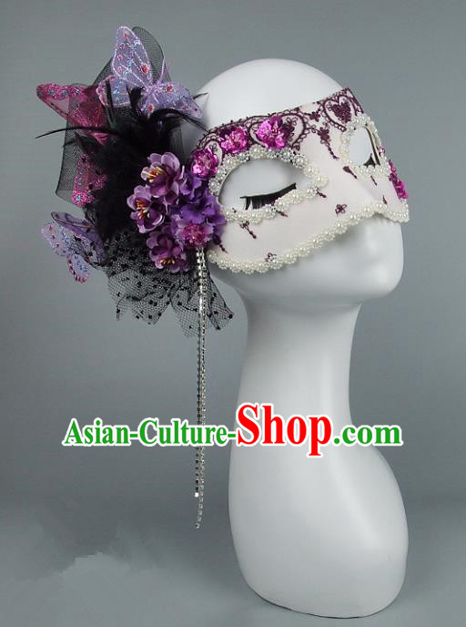 Top Grade Handmade Exaggerate Fancy Ball Accessories Purple Veil Mask, Halloween Model Show Ceremonial Occasions Face Mask