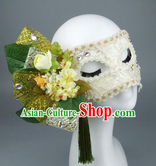 Top Grade Handmade Exaggerate Fancy Ball Accessories Yellow Flowers Lace Mask, Halloween Model Show Ceremonial Occasions Face Mask