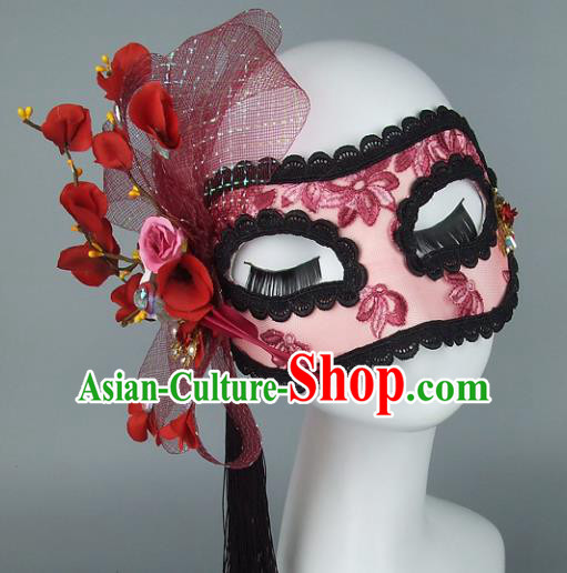 Top Grade Handmade Exaggerate Fancy Ball Accessories Red Veil Lace Mask, Halloween Model Show Ceremonial Occasions Face Mask
