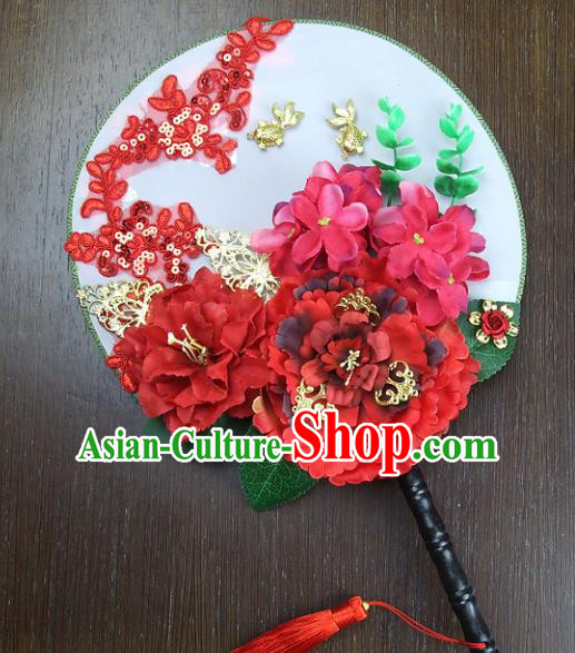 Traditional Handmade Chinese Ancient Wedding Red Peony Round Fans, Hanfu Palace Lady Bride Xiuhe Suit Mandarin Fans for Women