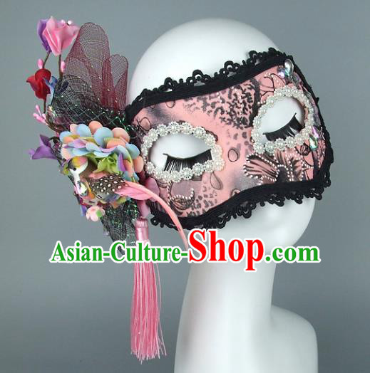 Top Grade Handmade Exaggerate Fancy Ball Accessories Pink Lace Mask, Halloween Model Show Ceremonial Occasions Face Mask