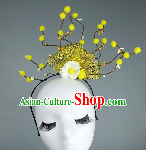 Handmade Halloween Yellow Flowers Hair Accessories Model Show Headdress, Halloween Ceremonial Occasions Miami Deluxe Exaggerate Fancy Ball Headwear