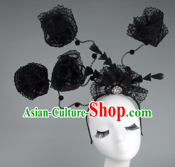 Handmade Halloween Black Lace Hair Accessories Model Show Headdress, Halloween Ceremonial Occasions Miami Deluxe Exaggerate Fancy Ball Headwear