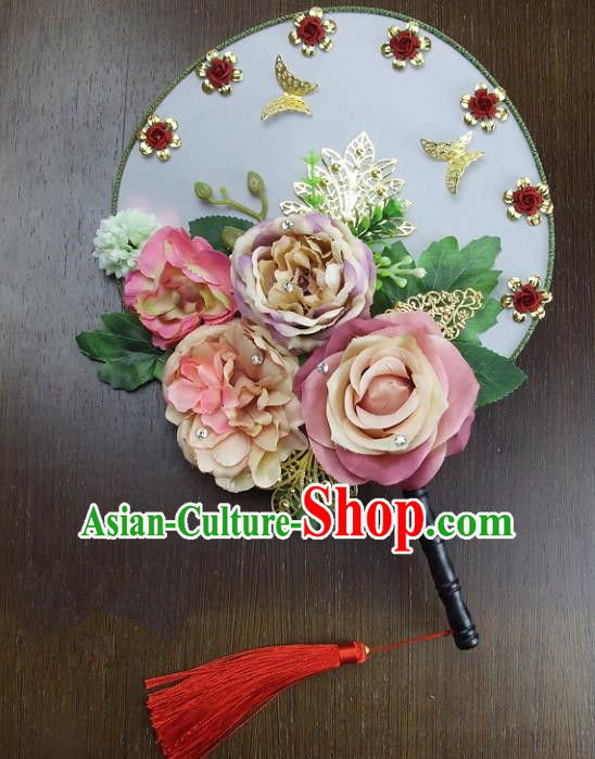 Traditional Handmade Chinese Ancient Wedding Pink Flowers Butterfly Round Fans, Hanfu Palace Lady Bride Xiuhe Suit Mandarin Fans for Women