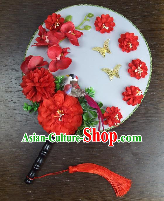 Traditional Handmade Chinese Ancient Wedding Red Flowers Butterfly Round Fans, Hanfu Palace Lady Bride Xiuhe Suit Mandarin Fans for Women