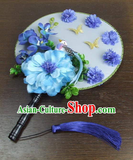 Traditional Handmade Chinese Ancient Wedding Blue Flowers Butterfly Round Fans, Hanfu Palace Lady Bride Xiuhe Suit Mandarin Fans for Women