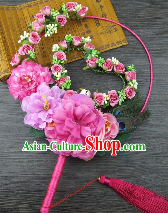 Traditional Handmade Chinese Ancient Wedding Pink Flowers Butterfly Round Fans, Hanfu Palace Lady Bride Xiuhe Suit Mandarin Fans for Women