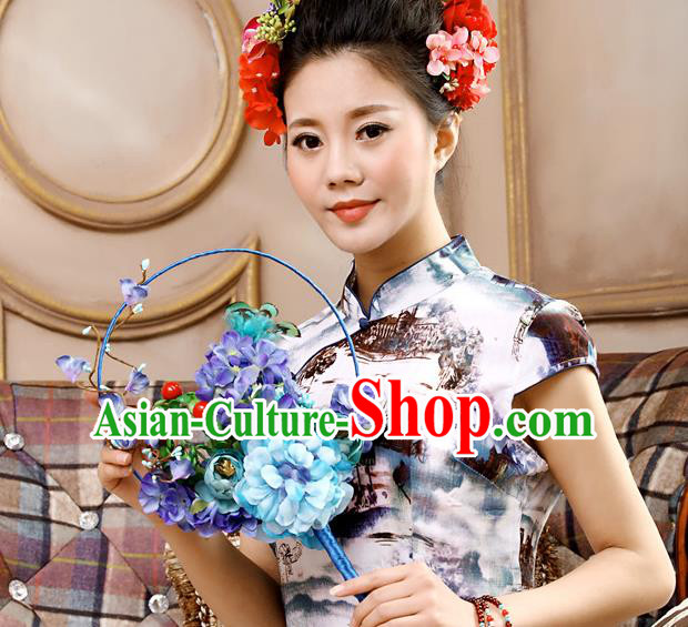 Traditional Handmade Chinese Ancient Wedding Blue Flowers Butterfly Round Fans, Hanfu Palace Lady Bride Xiuhe Suit Mandarin Fans for Women