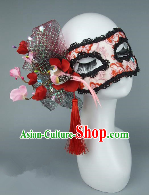 Top Grade Handmade Exaggerate Fancy Ball Accessories Red Lace Bowknot Mask, Halloween Model Show Ceremonial Occasions Face Mask