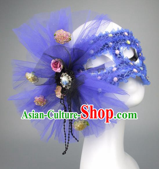 Handmade Halloween Fancy Ball Accessories Cat Blue Veil Mask, Ceremonial Occasions Miami Model Show Face Mask