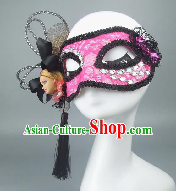 Handmade Halloween Fancy Ball Accessories Crystal Mask, Ceremonial Occasions Miami Model Show Pink Lace Face Mask