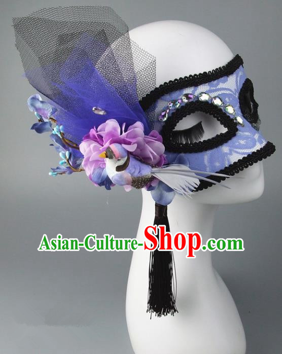 Handmade Halloween Fancy Ball Accessories Cat Blue Lace Mask, Ceremonial Occasions Miami Model Show Face Mask