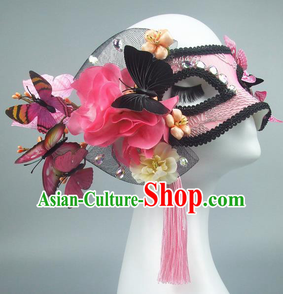 Handmade Halloween Fancy Ball Accessories Pink Lace Butterfly Mask, Ceremonial Occasions Miami Model Show Face Mask