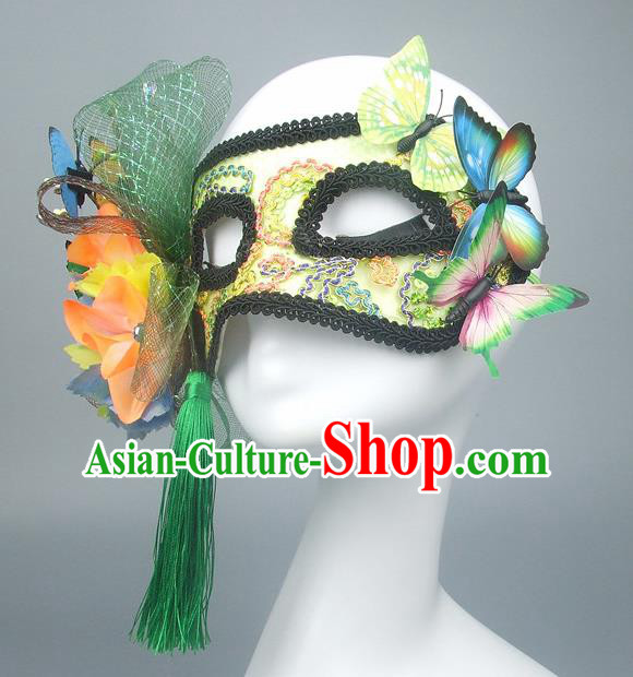 Handmade Halloween Fancy Ball Accessories Green Flowers Butterfly Mask, Ceremonial Occasions Miami Model Show Face Mask