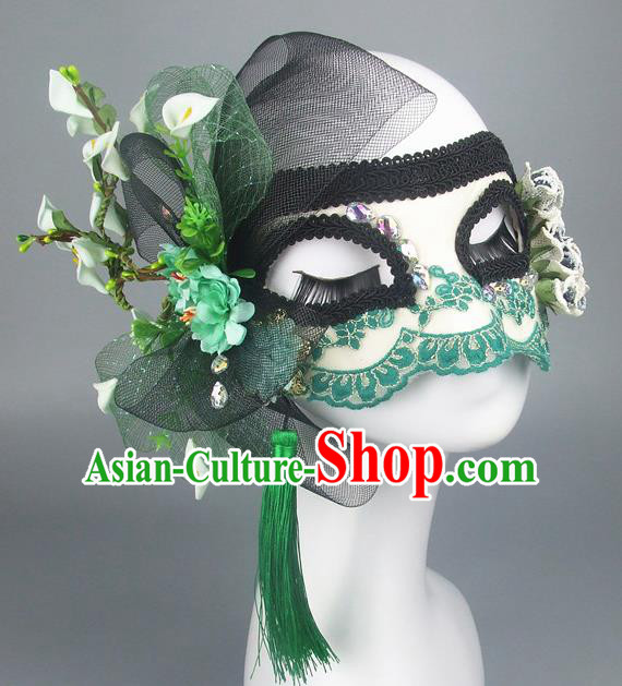 Handmade Halloween Fancy Ball Accessories Green Flowers Mask, Ceremonial Occasions Miami Model Show Lace Face Mask