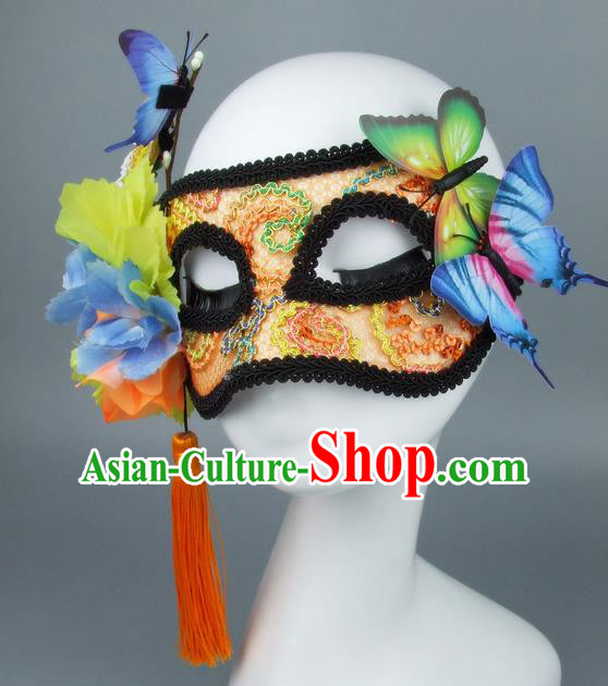 Handmade Halloween Fancy Ball Accessories Orange Mask, Ceremonial Occasions Miami Model Show Lace Face Mask