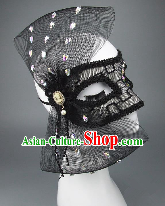 Handmade Halloween Fancy Ball Accessories Black Veil Bowknot Mask, Ceremonial Occasions Miami Model Show Face Mask