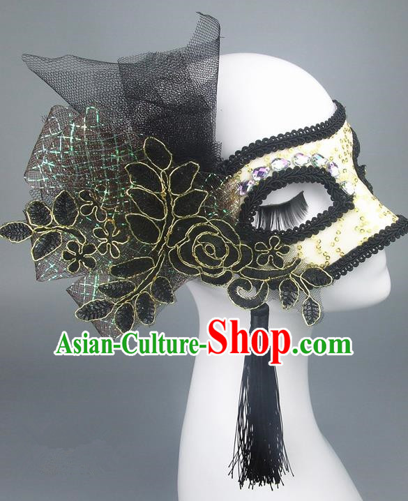 Handmade Halloween Fancy Ball Accessories Black Veil Lace Mask, Ceremonial Occasions Miami Model Show Face Mask
