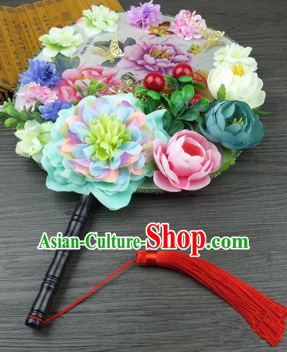 Traditional Handmade Chinese Ancient Wedding Green Flowers Butterfly Round Fans, Hanfu Palace Lady Bride Xiuhe Suit Mandarin Fans for Women