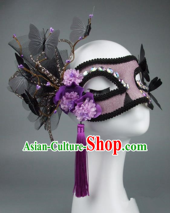 Handmade Halloween Fancy Ball Accessories Veil Butterfly Purple Flower Mask, Ceremonial Occasions Miami Model Show Face Mask