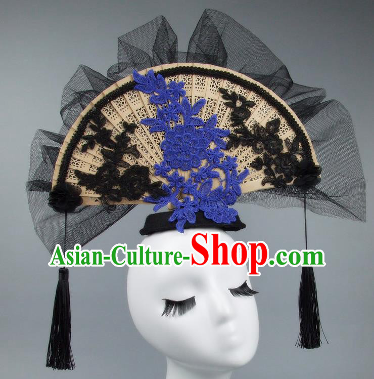 Handmade Asian Chinese Fan Hair Accessories Black Veil Headwear, Halloween Ceremonial Occasions Miami Model Show Tassel Headdress