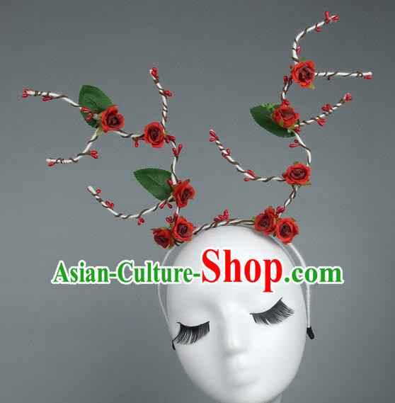 Handmade Halloween Fancy Ball Hair Accessories Red Flowers Headwear, Ceremonial Occasions Miami Model Show Headdress