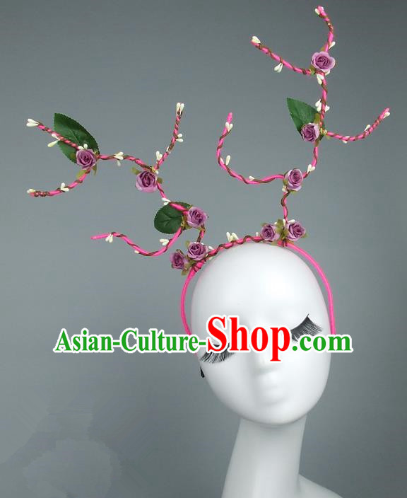 Handmade Halloween Fancy Ball Hair Accessories Purple Flowers Headwear, Ceremonial Occasions Miami Model Show Headdress