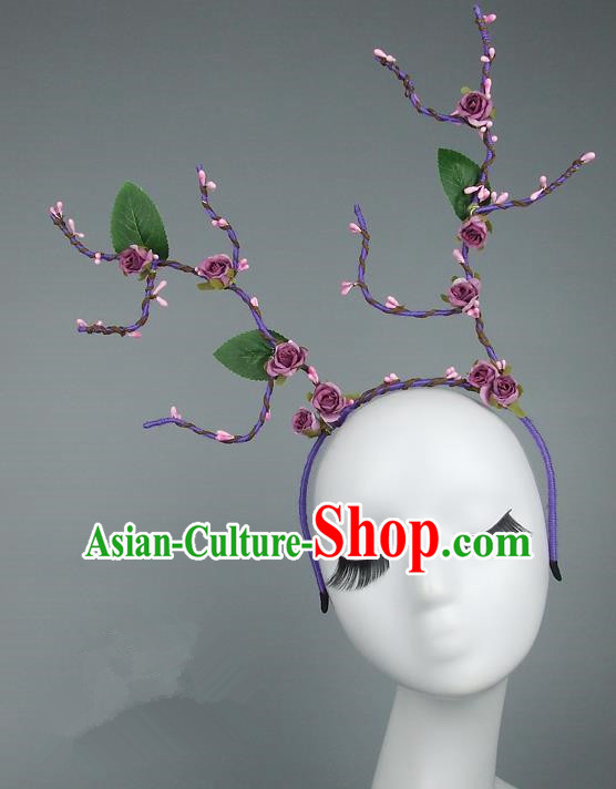 Handmade Halloween Fancy Ball Hair Accessories Purple Branch Flowers Headwear, Ceremonial Occasions Miami Model Show Headdress