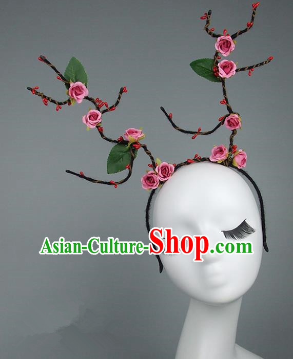 Handmade Halloween Fancy Ball Hair Accessories Pink Flowers Headwear, Ceremonial Occasions Miami Model Show Headdress