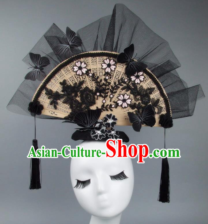 Handmade Asian Chinese Fan Hair Accessories Lace Flowers Butterfly Headwear, Halloween Ceremonial Occasions Miami Model Show Tassel Headdress