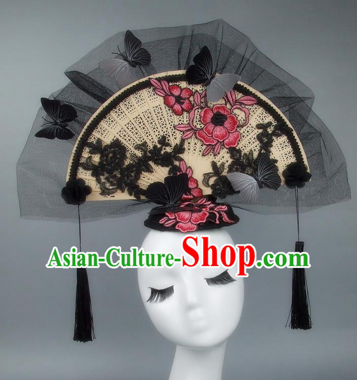 Handmade Asian Chinese Fan Hair Accessories Pink Lace Flowers Butterfly Headwear, Halloween Ceremonial Occasions Miami Model Show Tassel Headdress