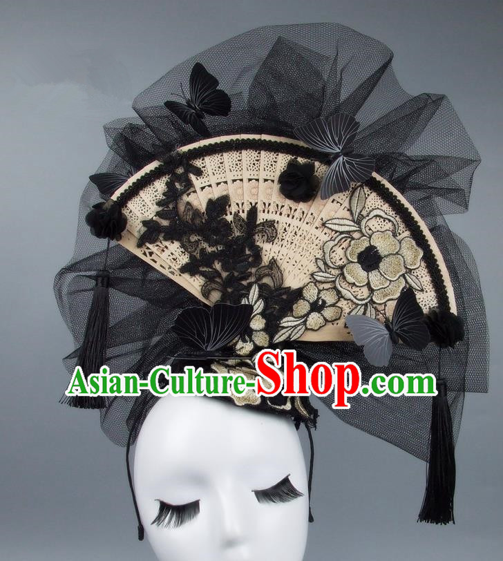 Handmade Asian Chinese Fan Hair Accessories White Lace Flowers Butterfly Headwear, Halloween Ceremonial Occasions Miami Model Show Tassel Headdress