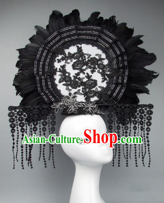 Handmade Asian Chinese Fan Hair Accessories Black Feather Lace Tassel Headwear, Halloween Ceremonial Occasions Manchu Model Show Headdress