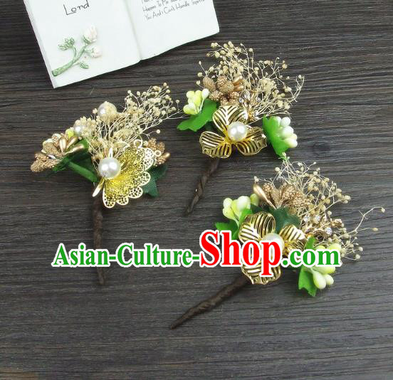 Top Grade Handmade Wedding Hair Accessories Golden Flowers Hair Stick, Baroque Style Bride Headwear for Women