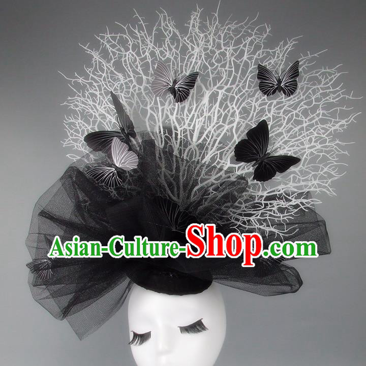 Handmade Exaggerate Fancy Ball Hair Accessories Black Veil Butterfly Headwear, Halloween Ceremonial Occasions Model Show Headdress