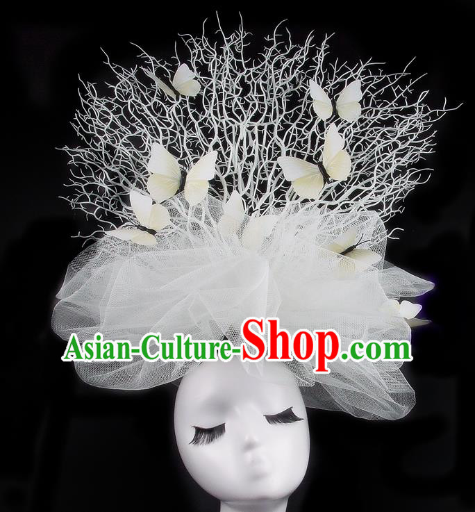 Handmade Exaggerate Fancy Ball Hair Accessories White Veil Butterfly Headwear, Halloween Ceremonial Occasions Model Show Headdress