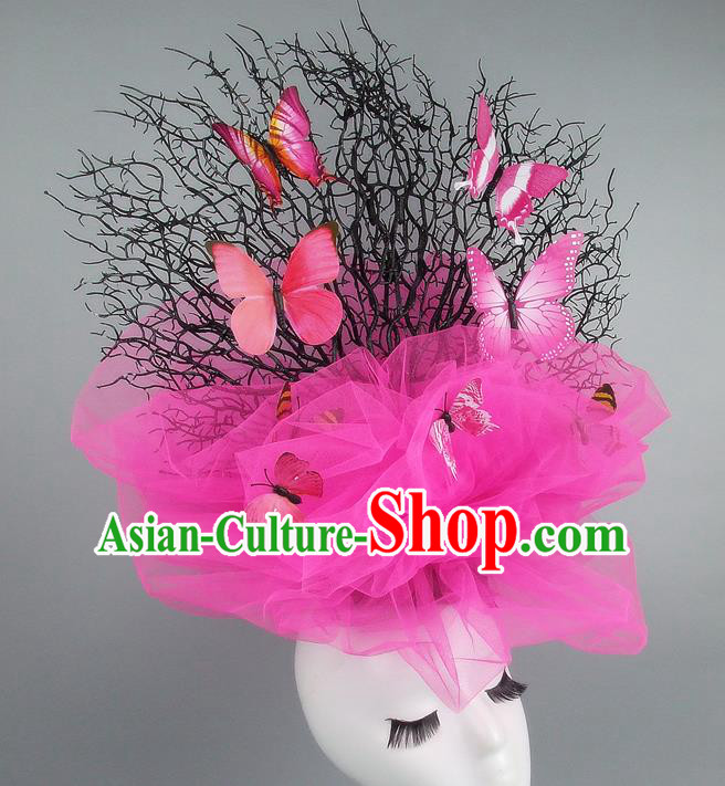 Handmade Exaggerate Fancy Ball Hair Accessories Pink Veil Butterfly Headwear, Halloween Ceremonial Occasions Model Show Headdress