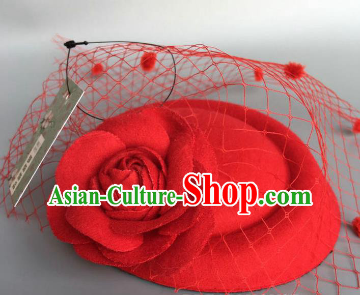 Handmade Wedding Vintage Hair Accessories Red Flower Veil Wool Top Hat, Bride Ceremonial Occasions Model Show Headdress