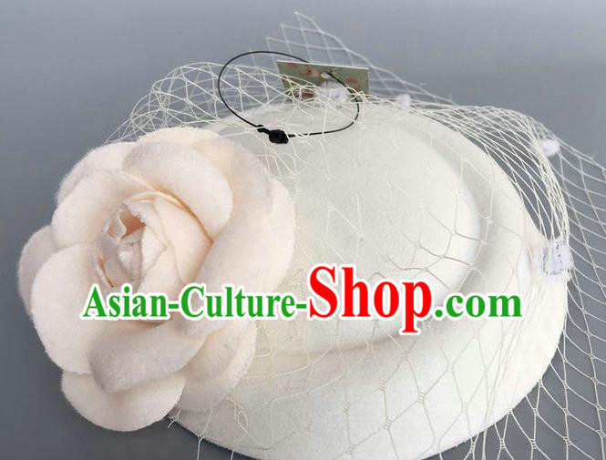 Handmade Wedding Vintage Hair Accessories White Wool Flower Top Hat, Bride Ceremonial Occasions Model Show Headdress