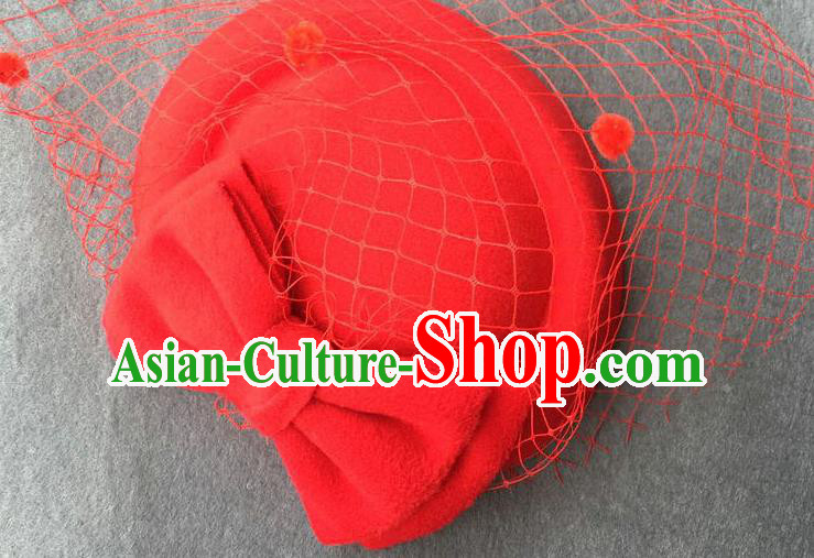 Handmade Wedding Vintage Hair Accessories Red Veil Wool Bowknot Top Hat, Bride Ceremonial Occasions Model Show Headdress